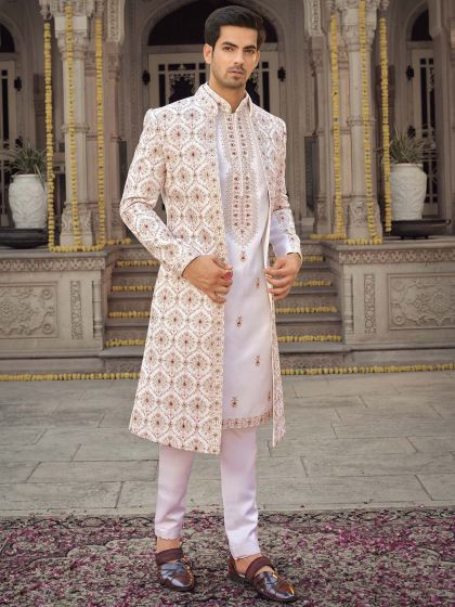 White Layered Readymade Sherwani With Embroidery