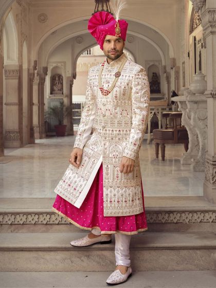 Off White Readymade Thread Embroidered Sherwani Set
