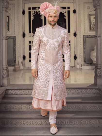 Readymade White Embroidered Anarkali Kurta And Sherwani Set