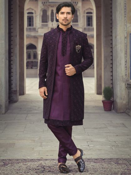 Purple Thread Embroidered Readymade Indo Western Sherwani
