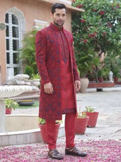 Red Thread Embroidered Readymade Indo Western Sherwani