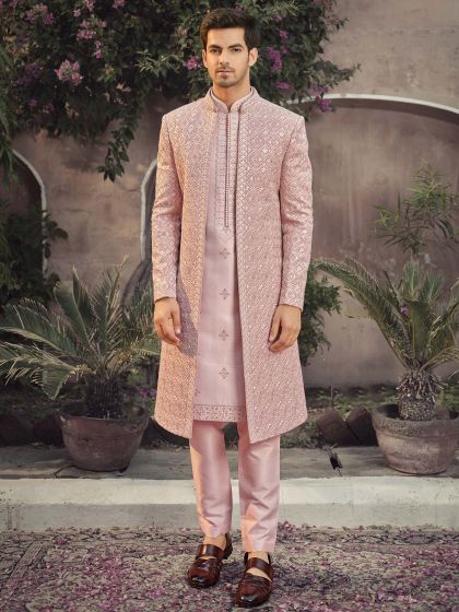 Pink Embroidered Readymade Layered Sherwani Set