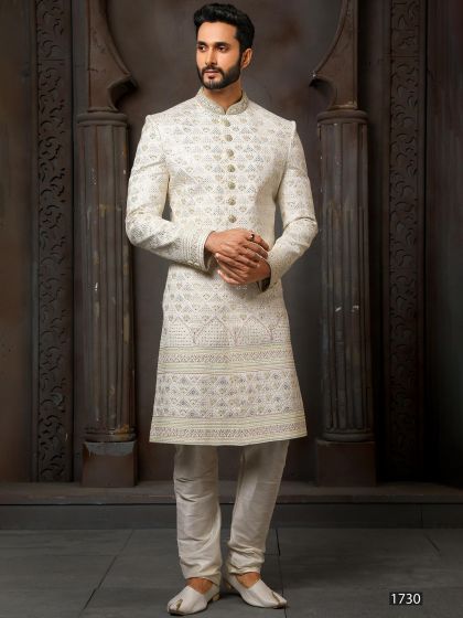 White Embroidered Groom Sherwani In Art Silk