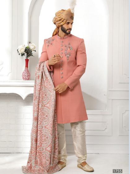 Peach Embroidered Art Silk Sherwani For Men