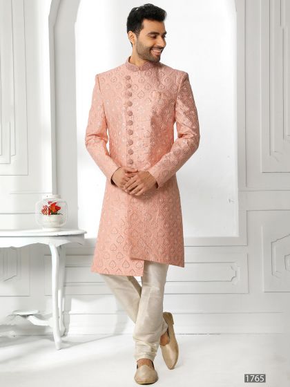 Peach Asymmetric Mens Sherwani Set