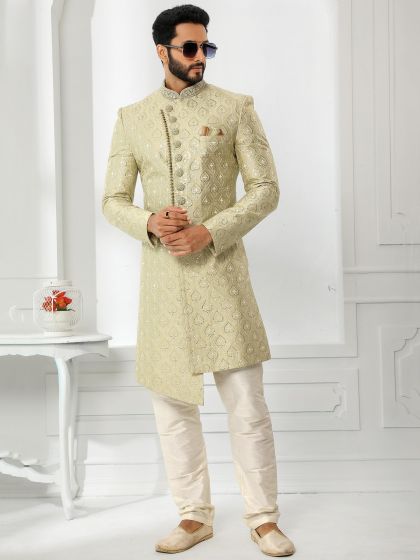 Green Sequined Asymmetric Mens Sherwani Set