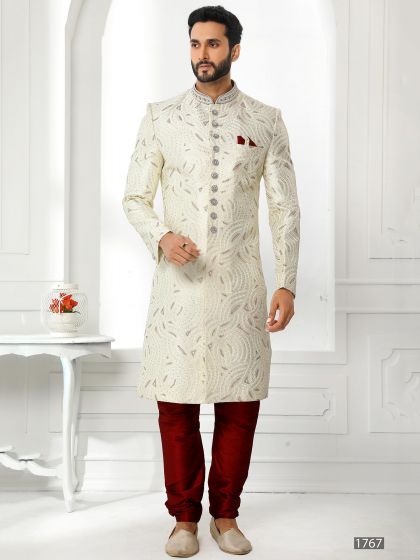 White Sequined Readymade Sherwani In Silk