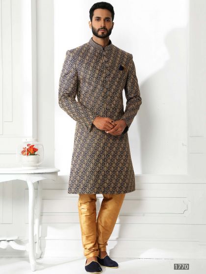 Blue Sequins Embroidered Sherwani In Art Silk