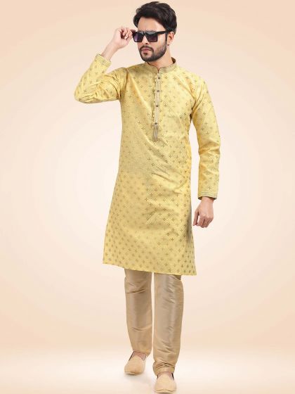 Yellow Festive Silk Kurta Pajama For Men