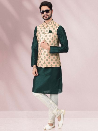 Green Silk Kurta Pajama With Jacket Set