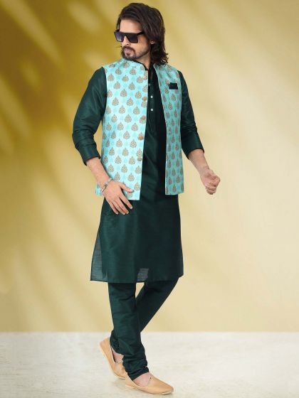 Green Readymade Kurta Pyjama In Silk