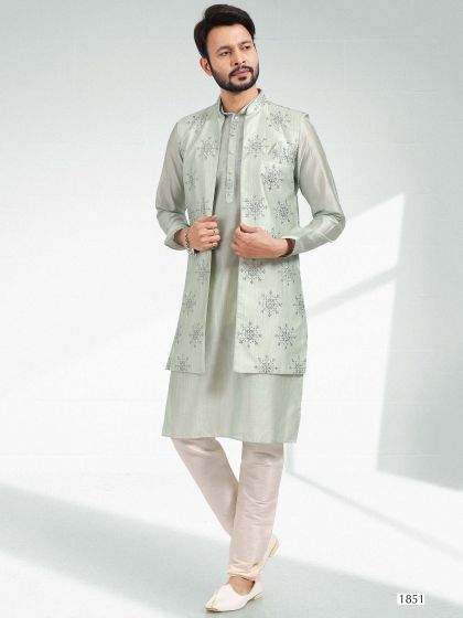 Grey Embroidered Kurta Pyjama In Art Silk