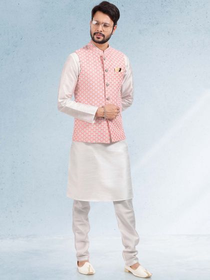 White Kurta Pyjama With Pink Embroidered Jacket