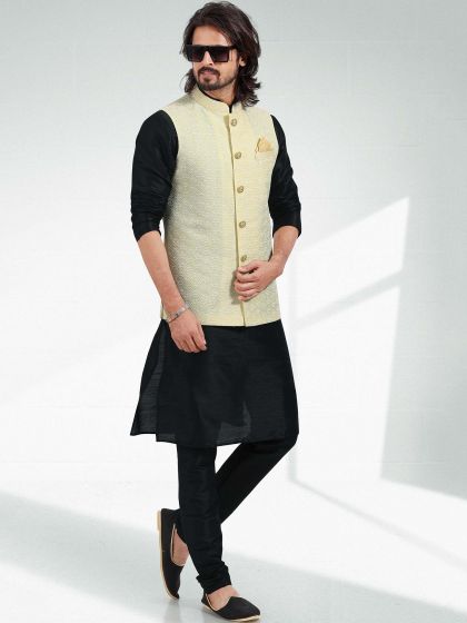 Black Art Silk Kurta Pajama With Cream Jacket