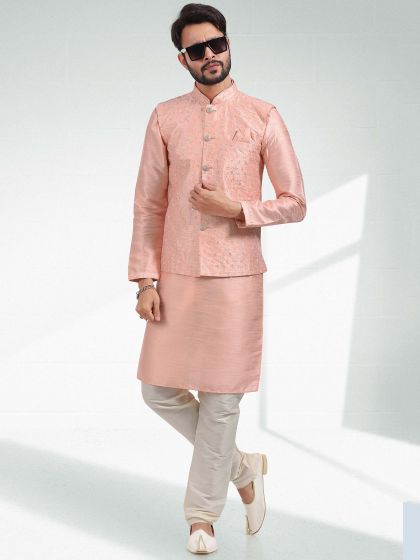 Peach Mens Kurta Pyjama With Embroidered Jacket