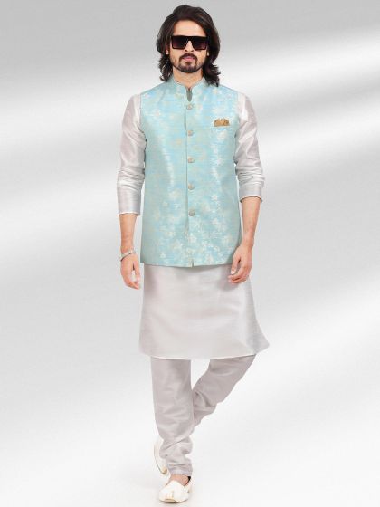 White Plain Kurta Pyjama With Jacquard Jacket