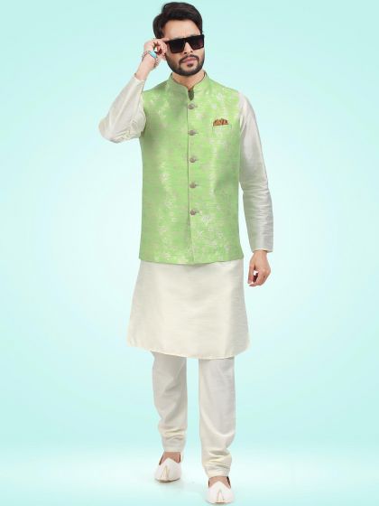 White Kurta Pajama With Green Jacquard Jacket