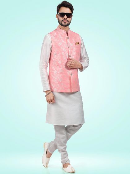 Readymade White Kurta Pyjama With Pink Jacket