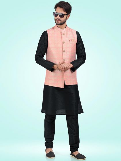 Black Kurta Pyjama With Woven Nehru Jacket