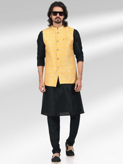 Black Art Silk Kurta Pyjama With Jacket