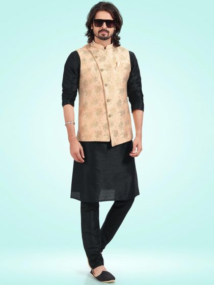 Black Art Silk Kurta Pajama With Woven Jacket