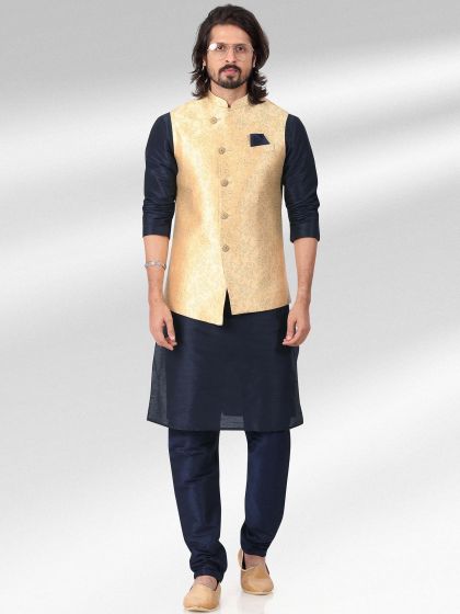 Blue Plain Kurta Pyjama With Woven Jacket