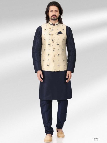 White Plain Kurta Pyjama With Jacquard Jacket