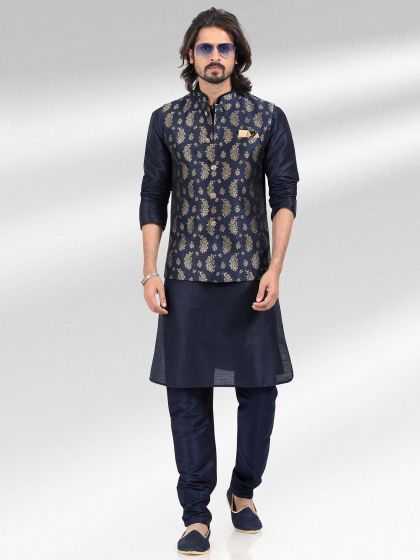 Blue Kurta Pyjama With Zari Woven Jacket