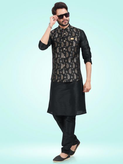 Black Readymade Kurta Pyjama With Jacquard Jacket