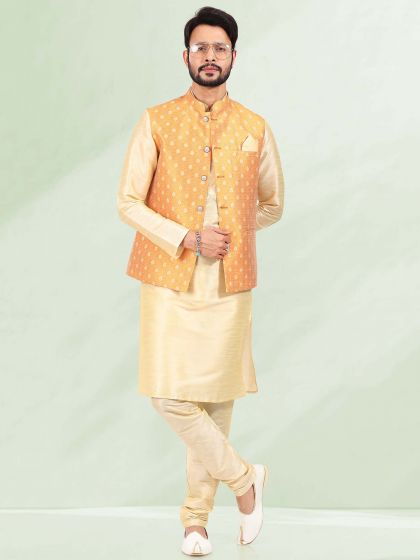 Cream Mens Kurta Pajama With Yellow Jacket