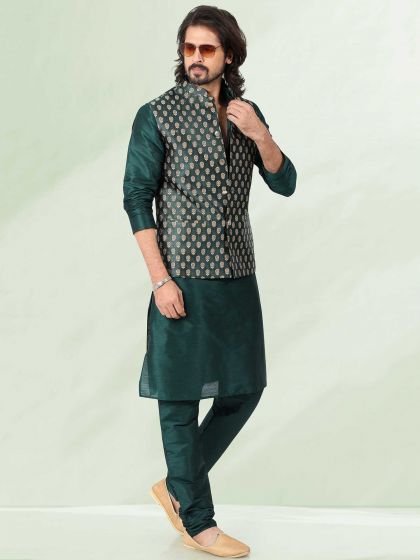 Green Festive Kurta Pyjama With Nehru Jacket