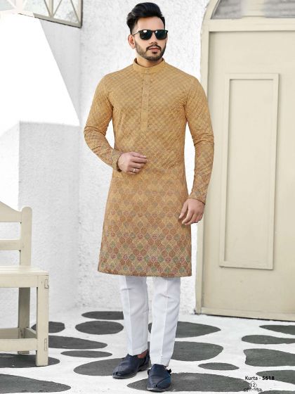 Readymade Yellow Printed Mens Kurta Pyjama