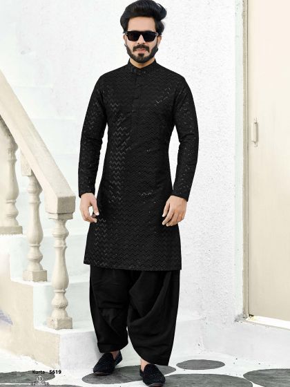 Black Sequined Pathani Kurta Pajama For Men