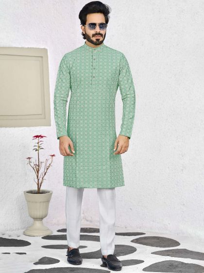 Green Mens Kurta Pjyama With Thread Work
