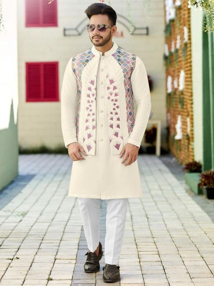 White Festive Kurta Pyjama With Embroidered Jacket Set