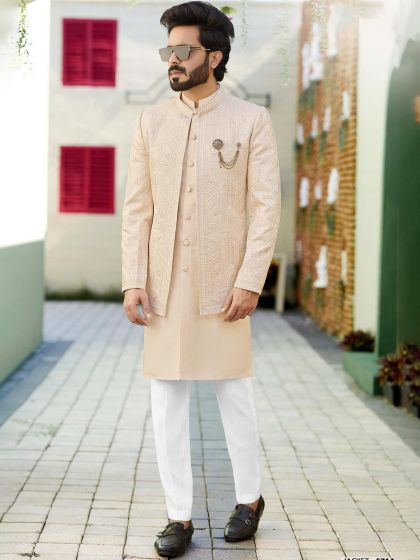 Cream Festive Kurta Pyjama With Embroidered Jacket