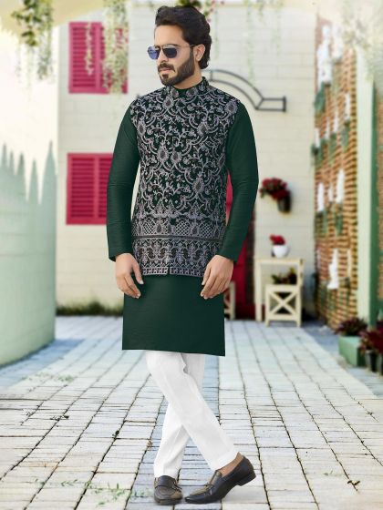 Green Jacquard Readymade Kurta Pajama With Jacket