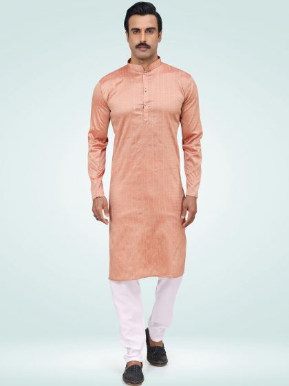 Peach Mens Festive Kurta Pajama In Silk