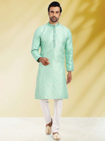 Turquoise Festive Kurta Pajama Set In Jacquard