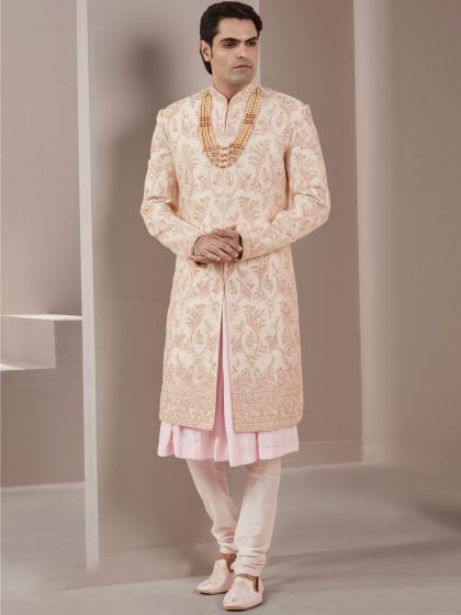 Peach Hand Embroidered Groom Sherwani And Kurta Set