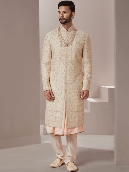 Off White Hand Embroidered Sherwani In Silk
