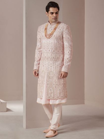 White Wedding Sherwani Set With Hand Work