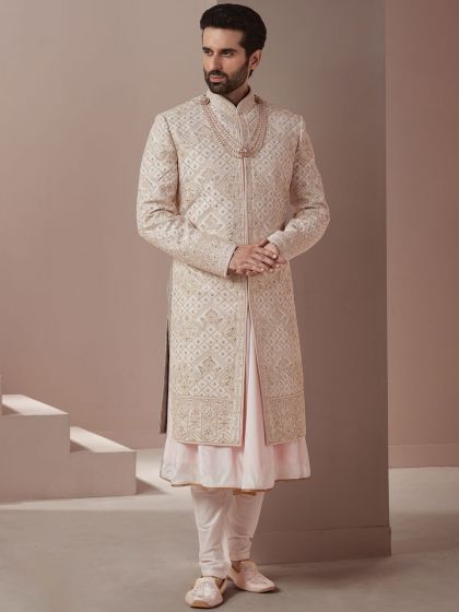 Readymade White Sherwani With Anarkali Kurta In Silk