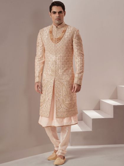 Cream Silk Sherwani With Anarkali Kurta Set