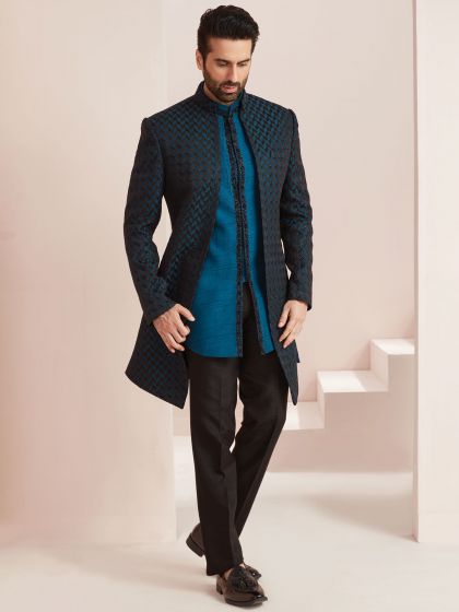 Blue Embroidered Indo Western In Silk