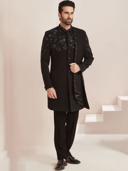 Black Silk Indo Western With Attached Stole