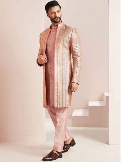 Peach Layered Indo Western With Zari Embroidery