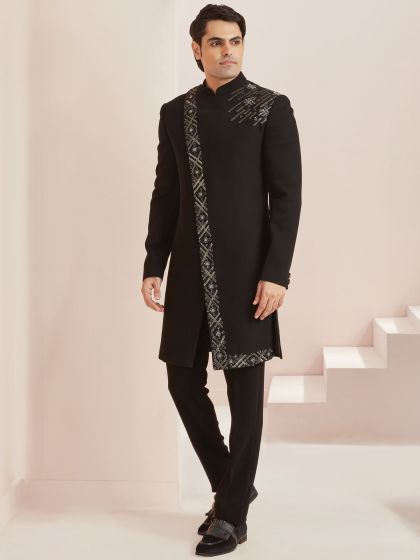 Black Silk Indo Western With Embroidered Work
