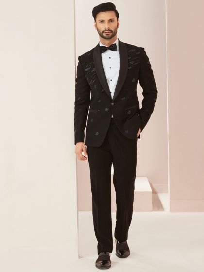 Black Hand Embroidered Tuxedo For Men