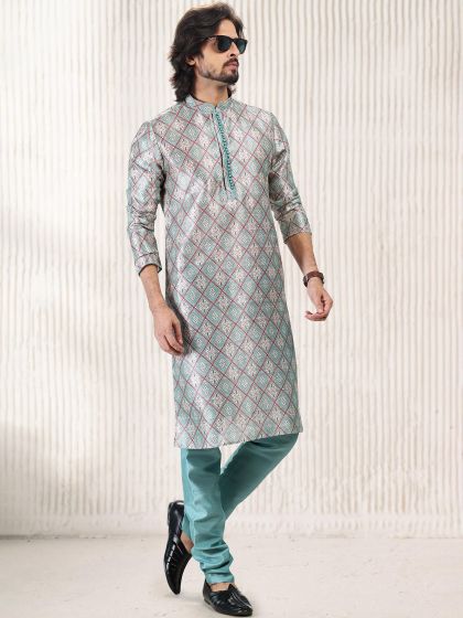 Blue Printed Festive Silk Kurta Pajama